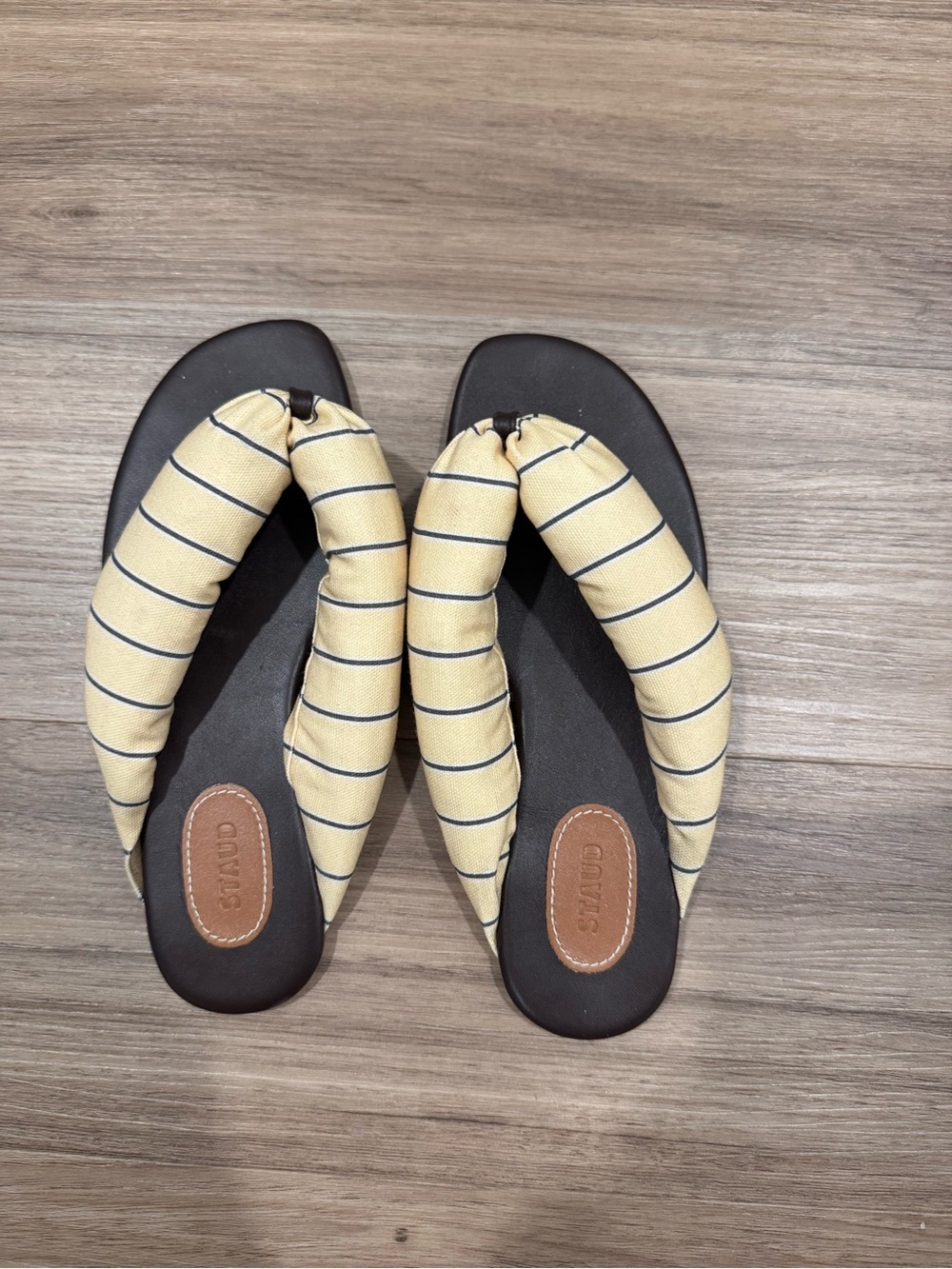 STAUD Yellow Striped Padded Toe-Post Sandals